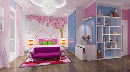 Phòng ngủ dành cho con nhỏ, với màu hồng tươi tắn pha trộn một ít màu xanh nhẹ nhàng.