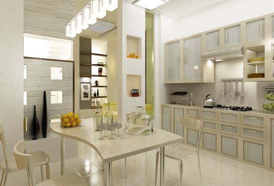 Phòng bếp được thiết kế liền với bàn ăn với tông màu sữa mang vẻ đẹp sang trọng.