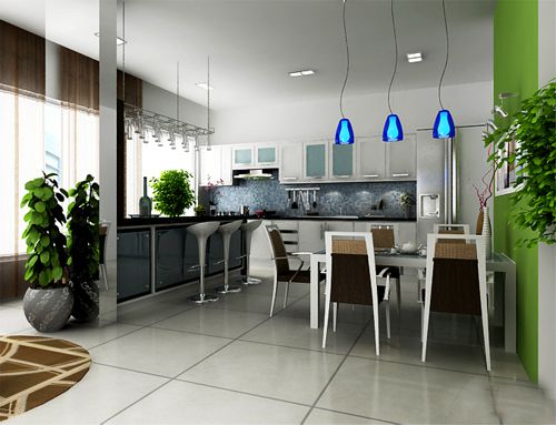 Nhà bếp thiết kế liên thông với phòng ăn, tạo sự rộng rãi. cách bố trí nội thất khá đẹp.