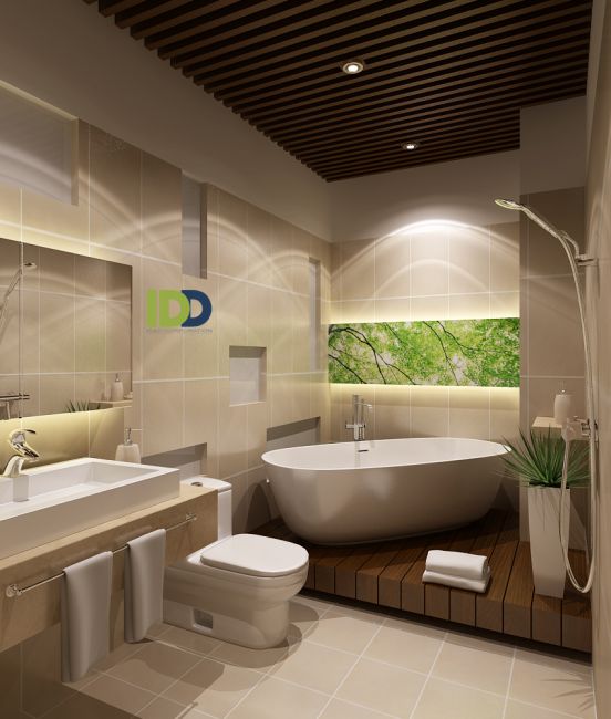 Nhằm tối ưu cho nhà diện tích nhỏ, nhà vệ sinh được thiết kế để tránh tốn diện tích - một bên là giếng trời.